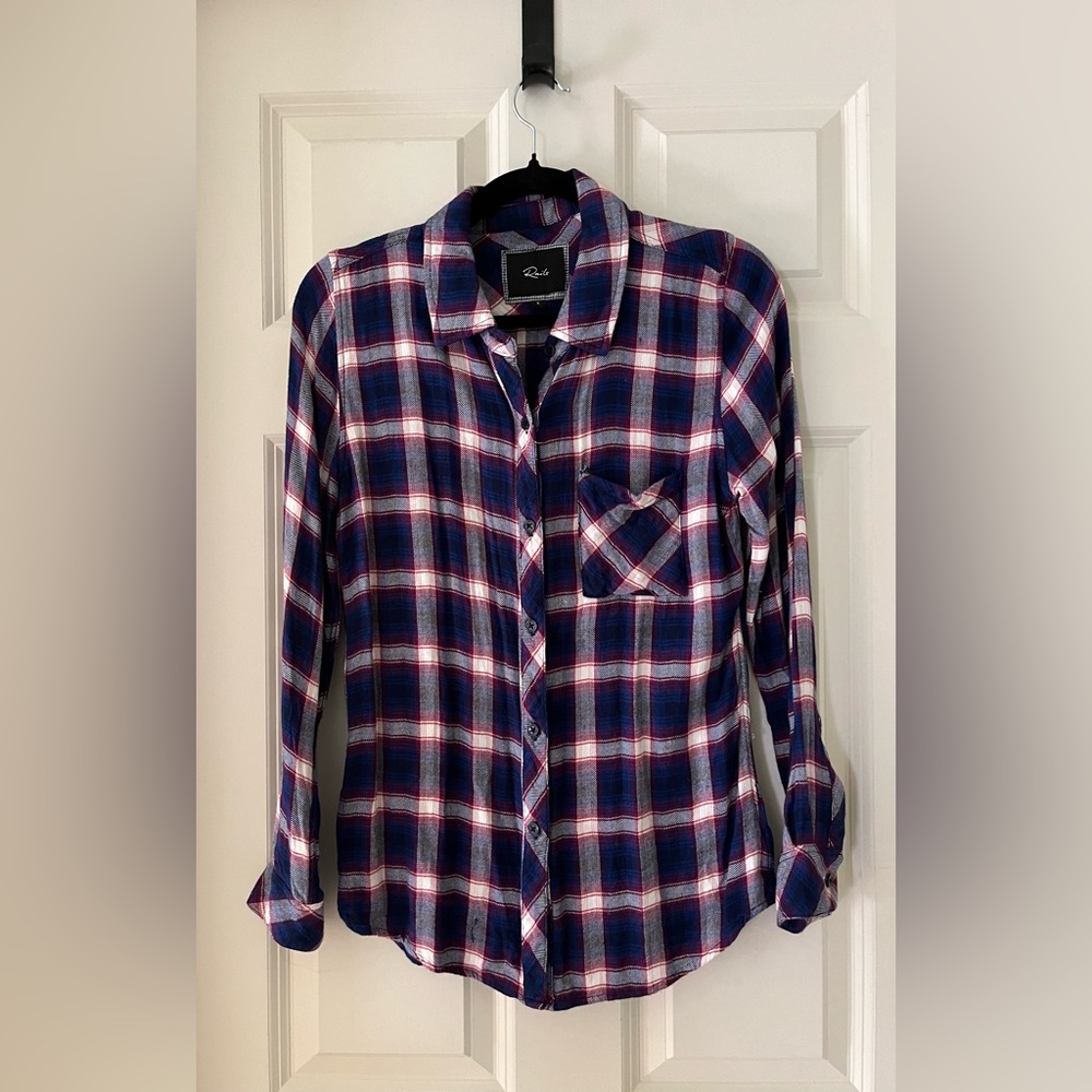 Women’s Rails plaid long sleeve button down shirt, Red/White/Blue-Rayon, Small